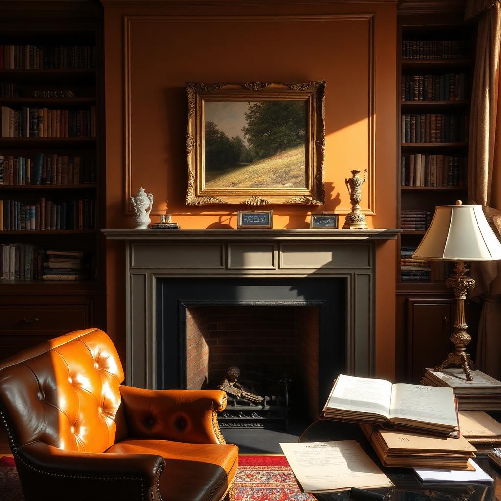 Sunlit study with a framed painting above a fireplace and estate documents on a side table