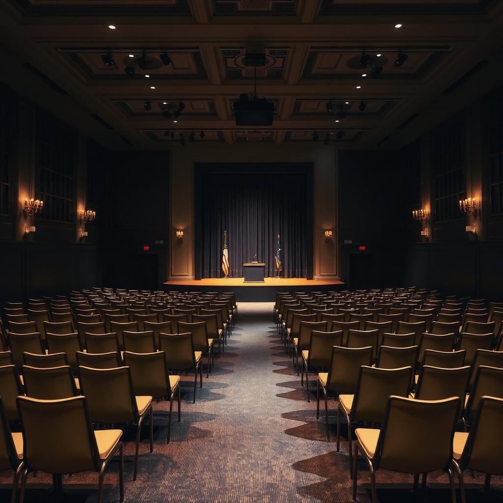 Dimly lit auction house interior with rows of empty chairs facing the rostrum