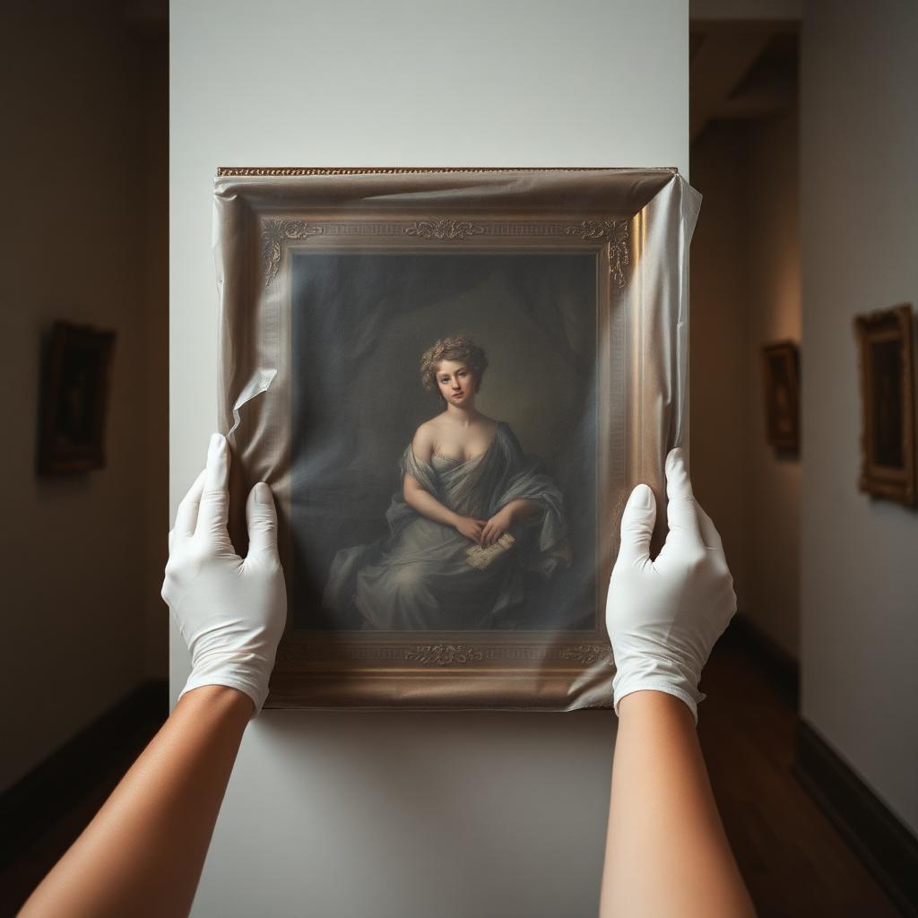 White-gloved hands wrapping a framed painting in glassine paper