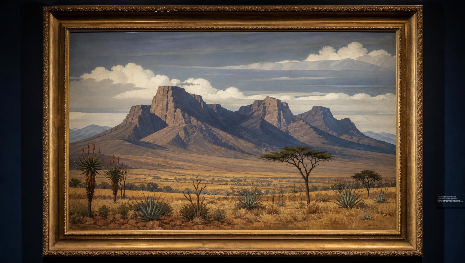 A museum-quality Jacob Hendrik Pierneef-style South African landscape in a gilded frame, featuring a Karoo mountain range and acacia trees