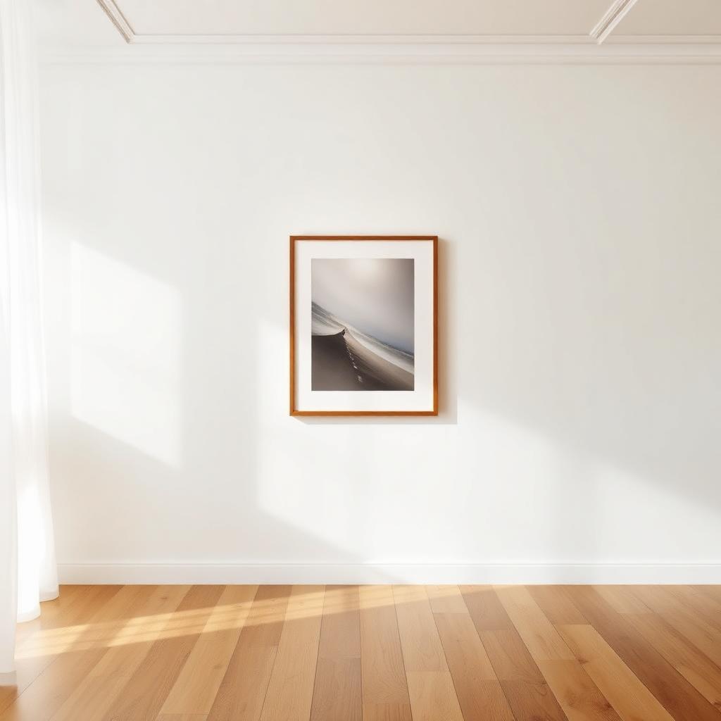 Minimalist gallery wall with a single framed artwork in soft daylight