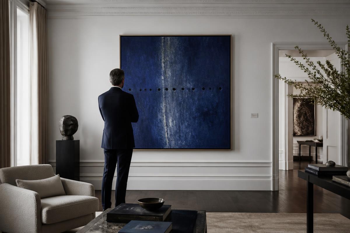 A collector privately viewing a large blue painting in an elegant room